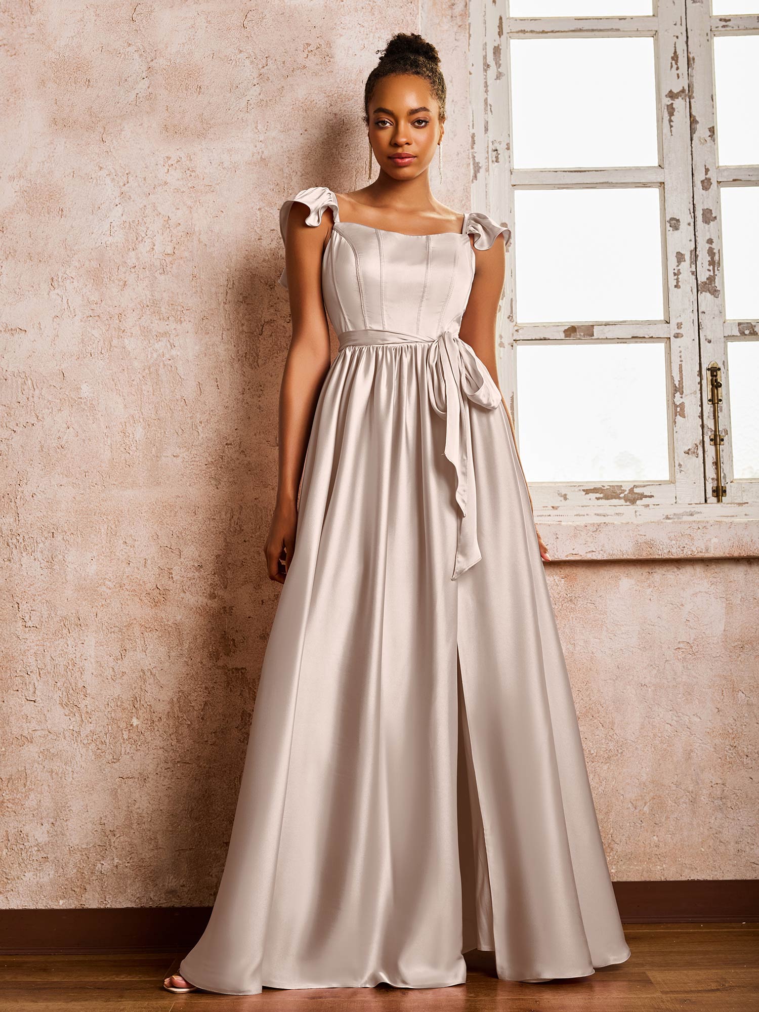 Floor-length Square Neck A-line High Slit Dresses With Belt Taupe - Image 3