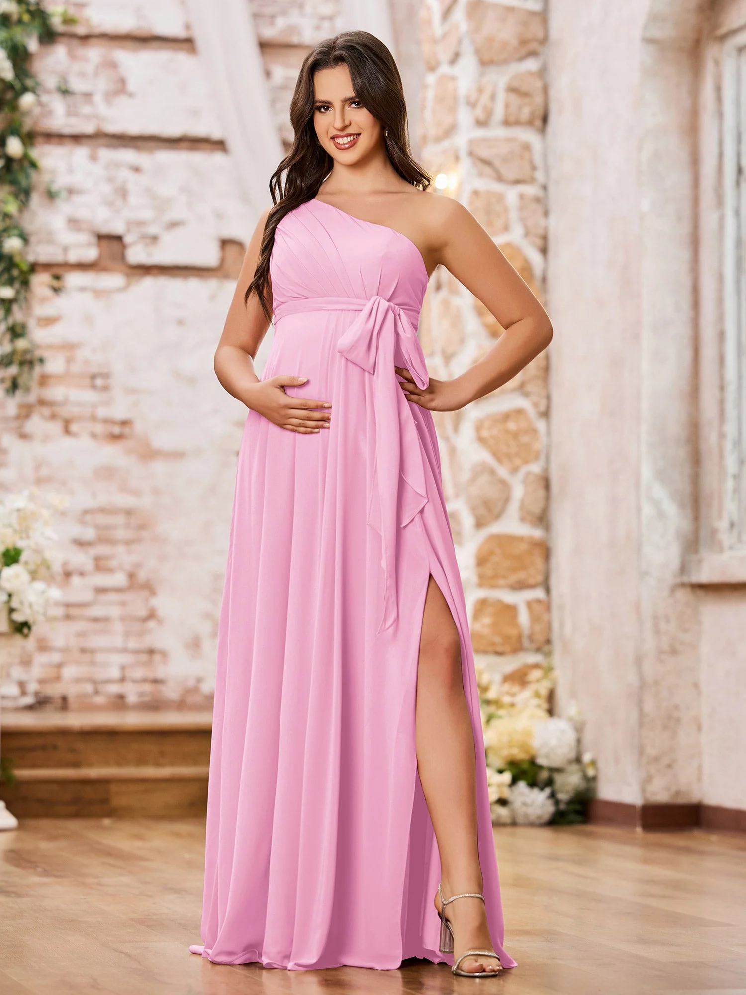 One-Shoulder Chiffon Long Dresses with Belt Candy Pink - Image 3