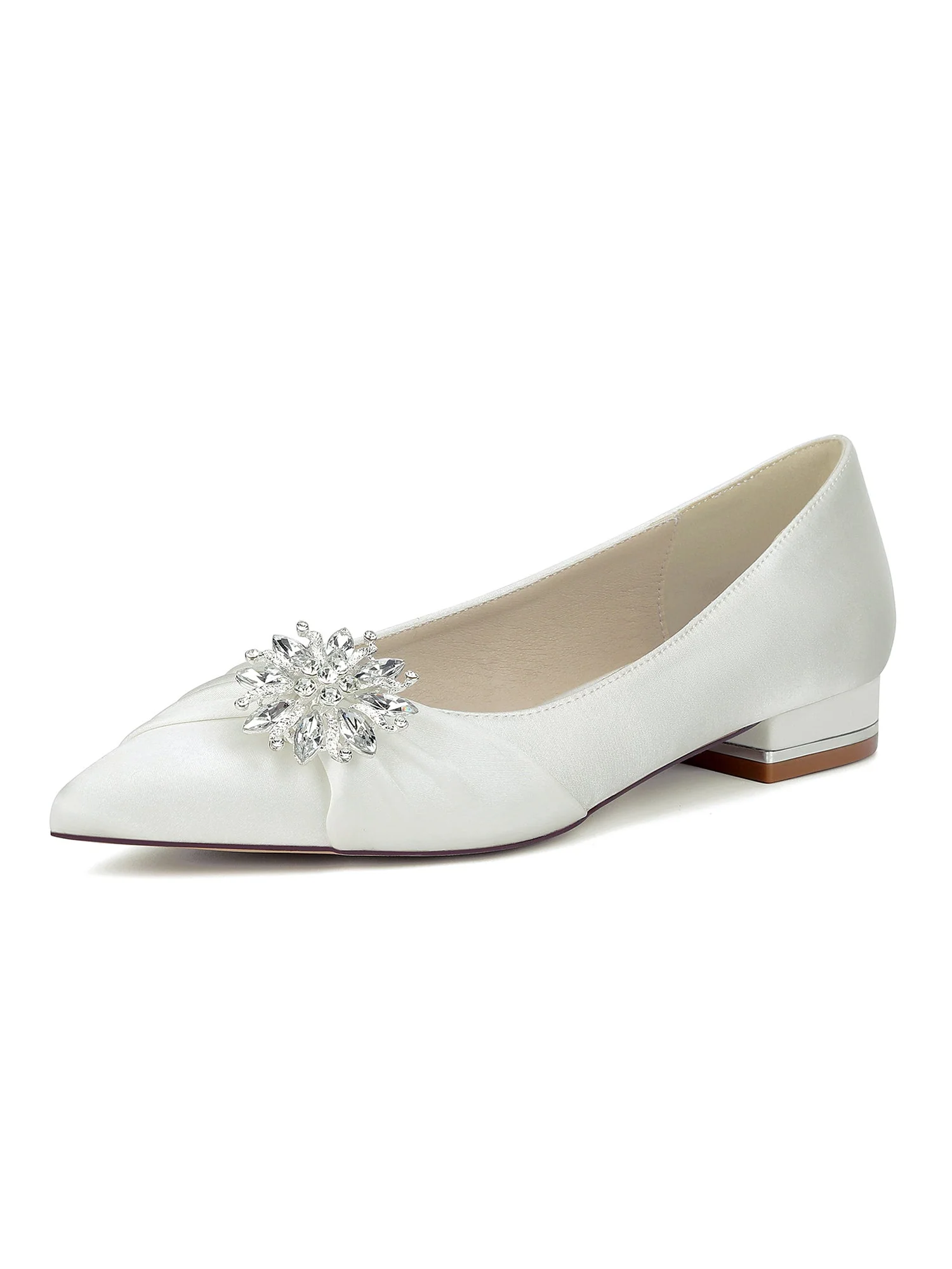 Retro Pointed Toe Faux Silk Rhinestones Low Chunky Heels - Image 14