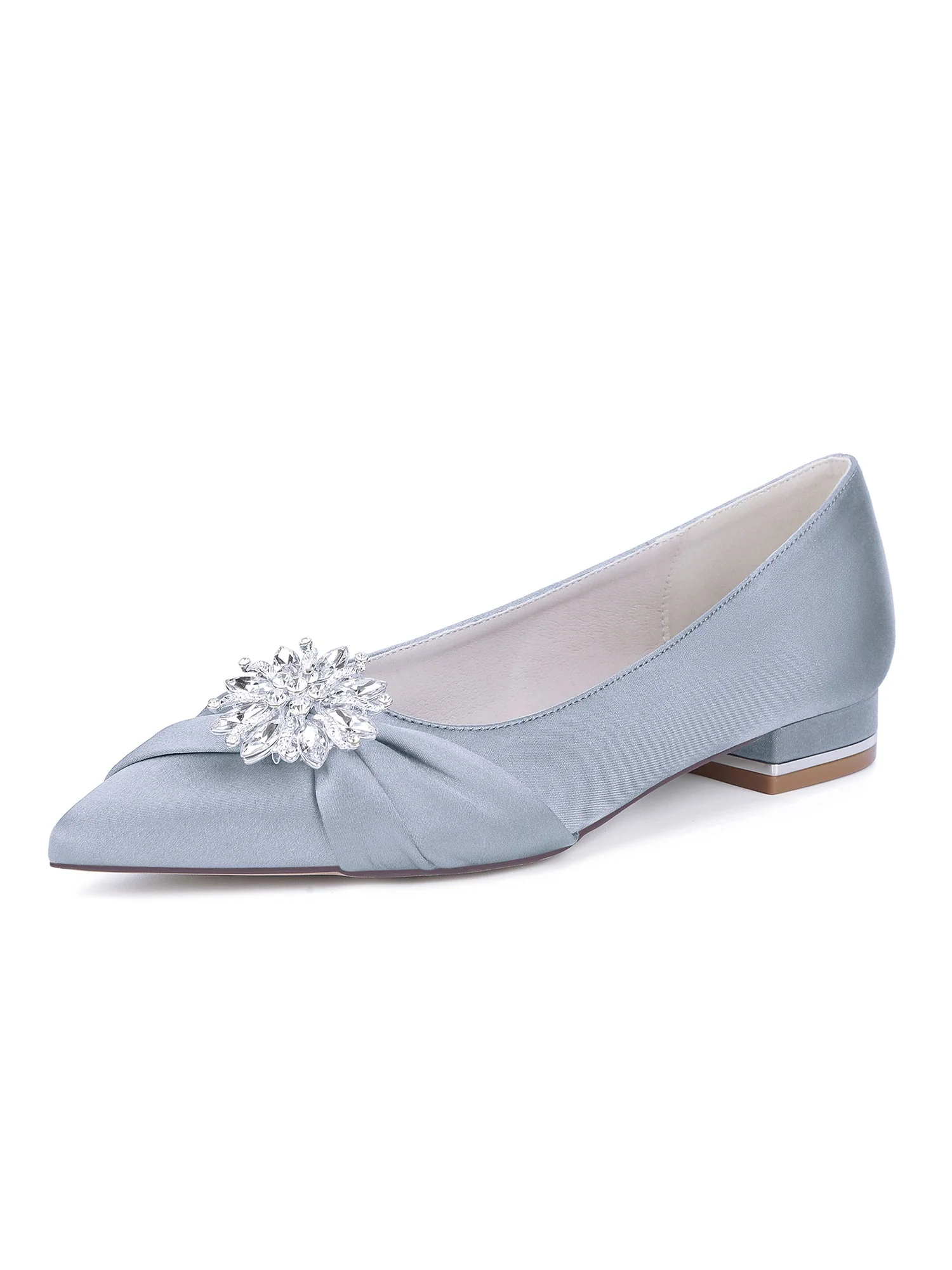 Retro Pointed Toe Faux Silk Rhinestones Low Chunky Heels - Image 15