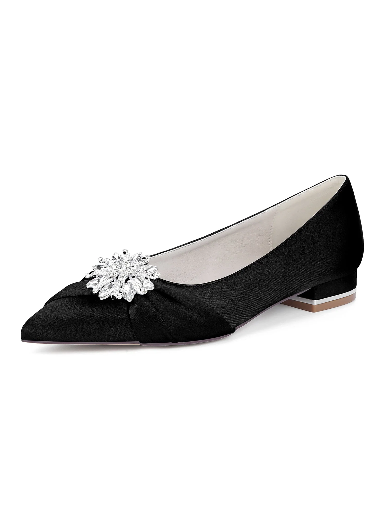 Retro Pointed Toe Faux Silk Rhinestones Low Chunky Heels - Image 9