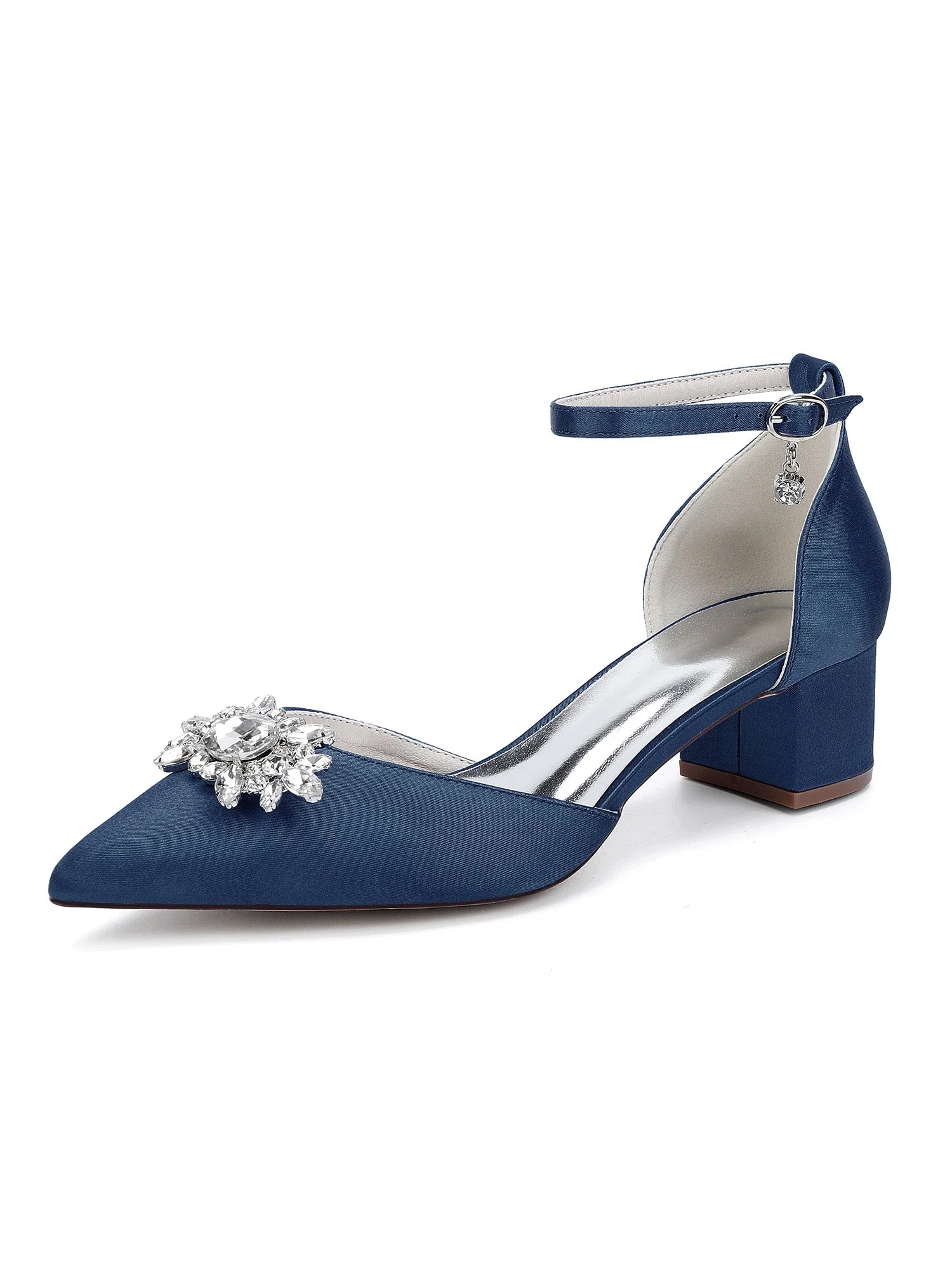 Rhinestone Satin Ankle Strap Women's Block Heel Shoes - Image 15