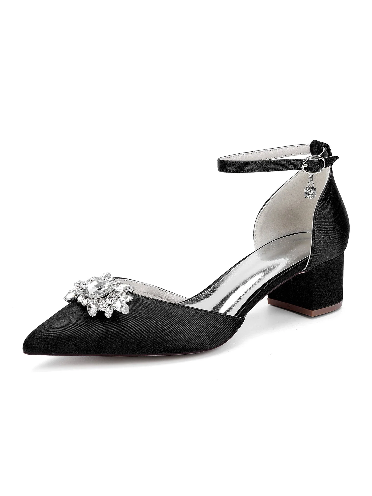 Rhinestone Satin Ankle Strap Women's Block Heel Shoes - Image 7