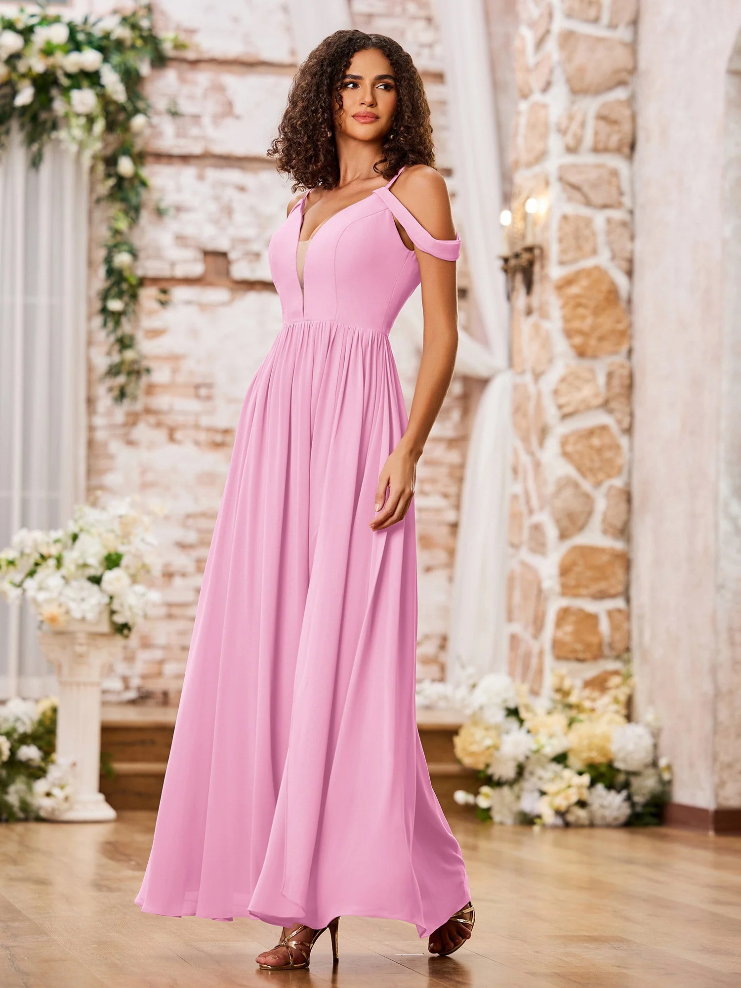 Spaghetti Strap Dresses with Deep V-neck and Slit Candy Pink - Image 3