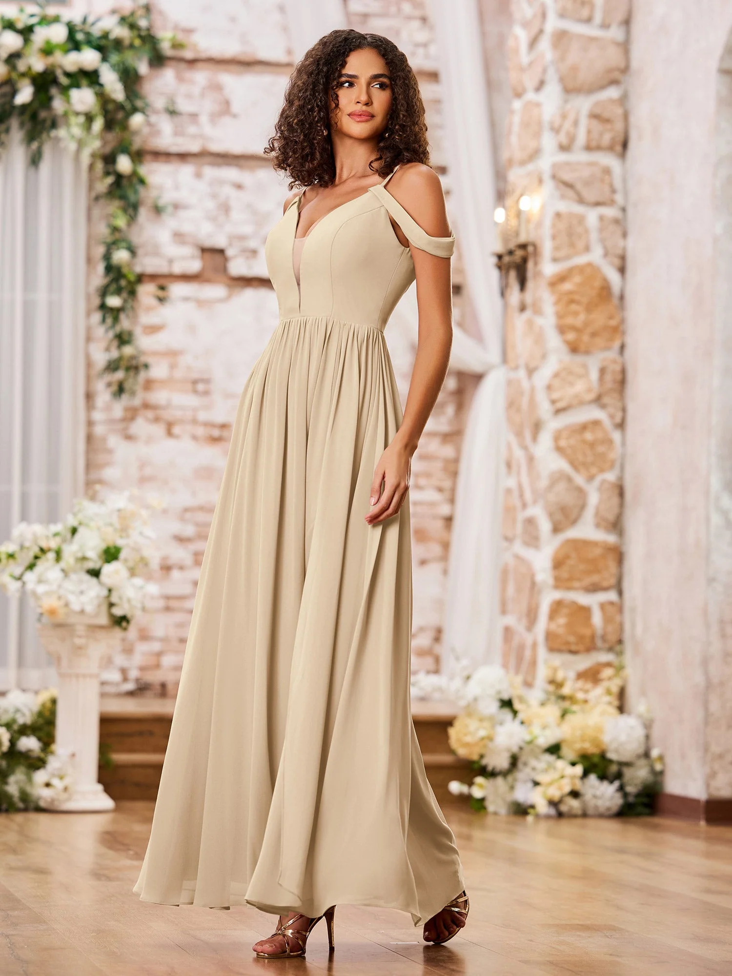 Spaghetti Strap Dresses with Deep V-neck and Slit Champagne - Image 3