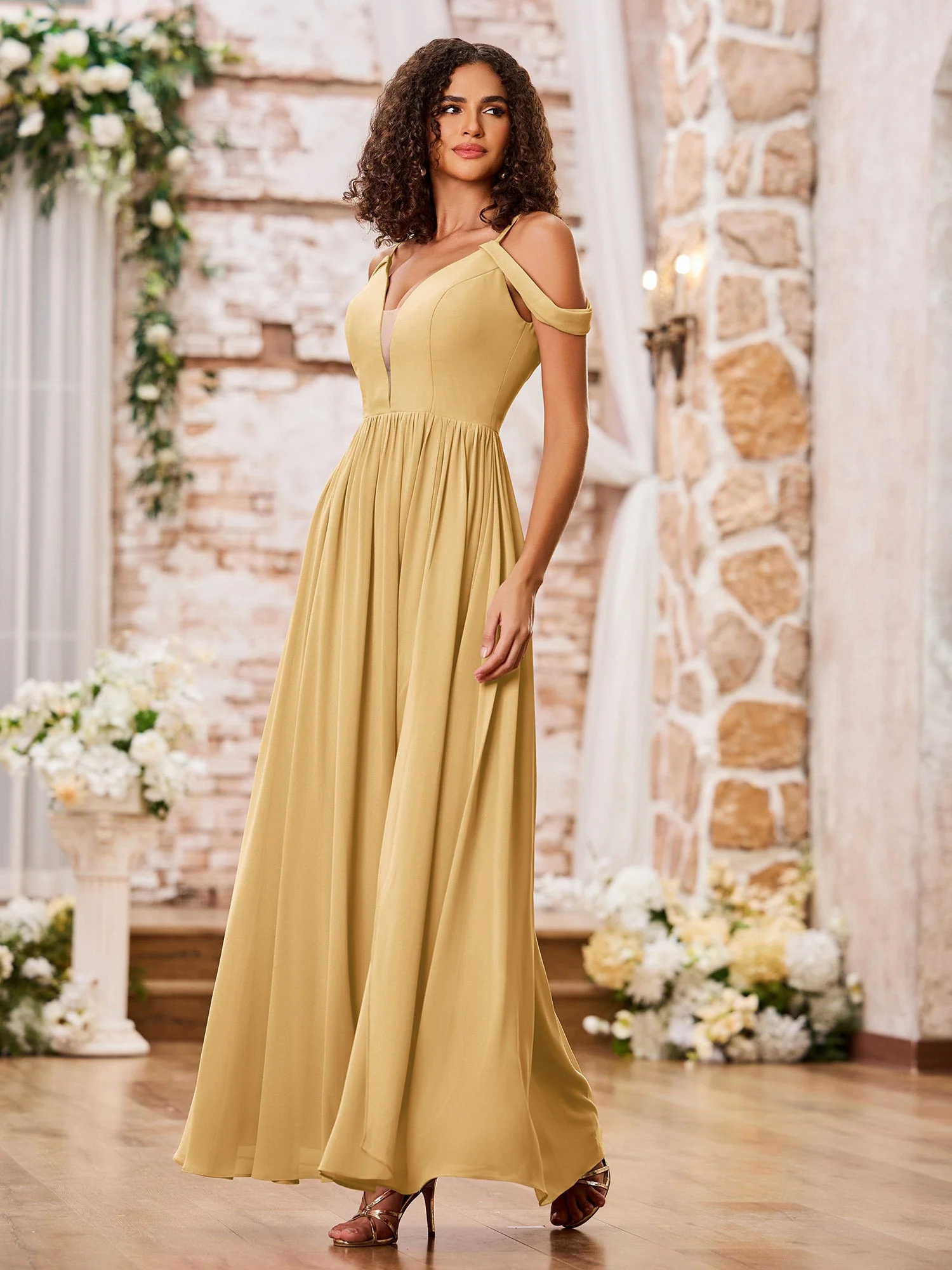 Spaghetti Strap Dresses with Deep V-neck and Slit Gold - Image 3