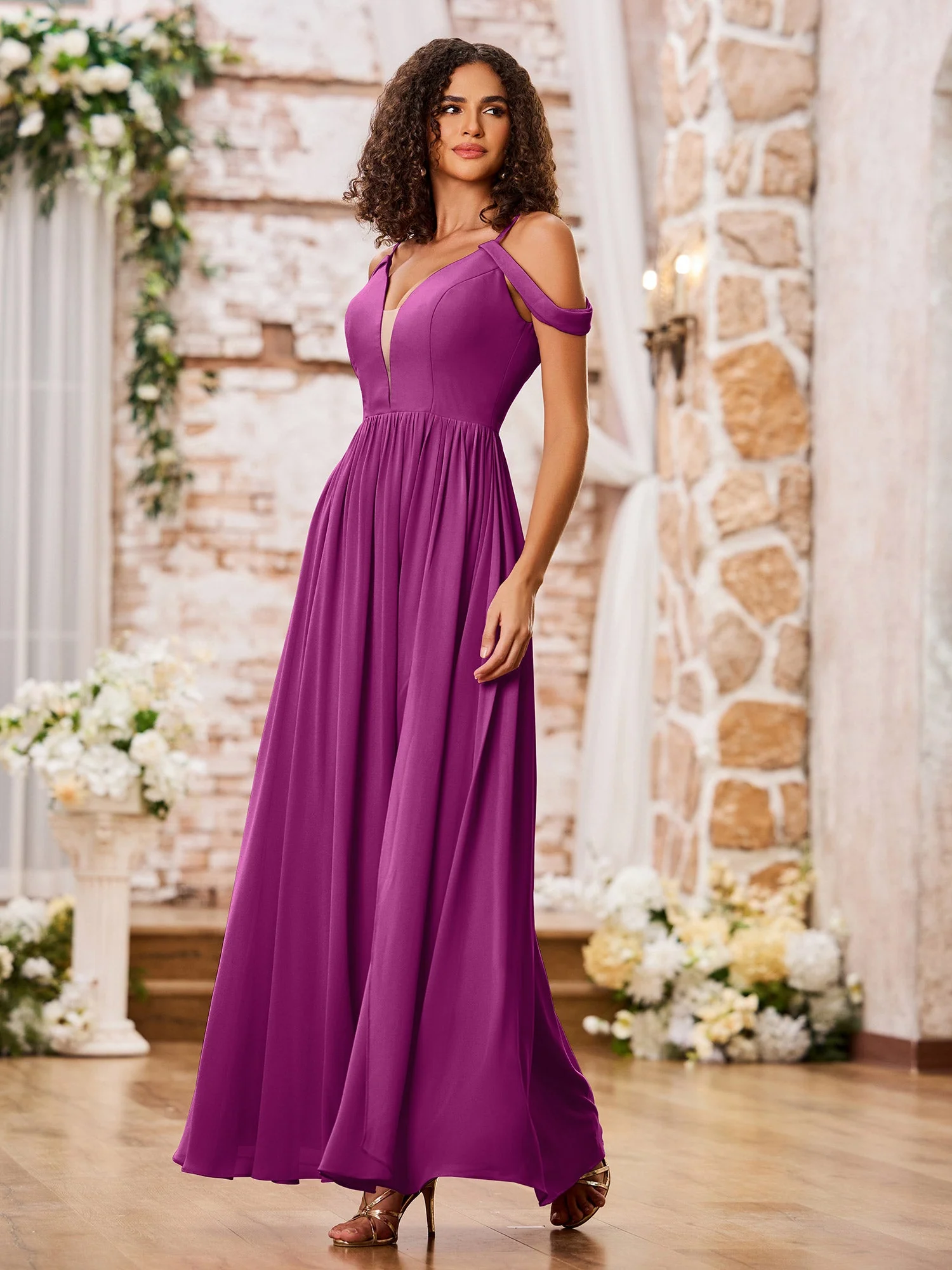 Spaghetti Strap Dresses with Deep V-neck and Slit Orchid - Image 3