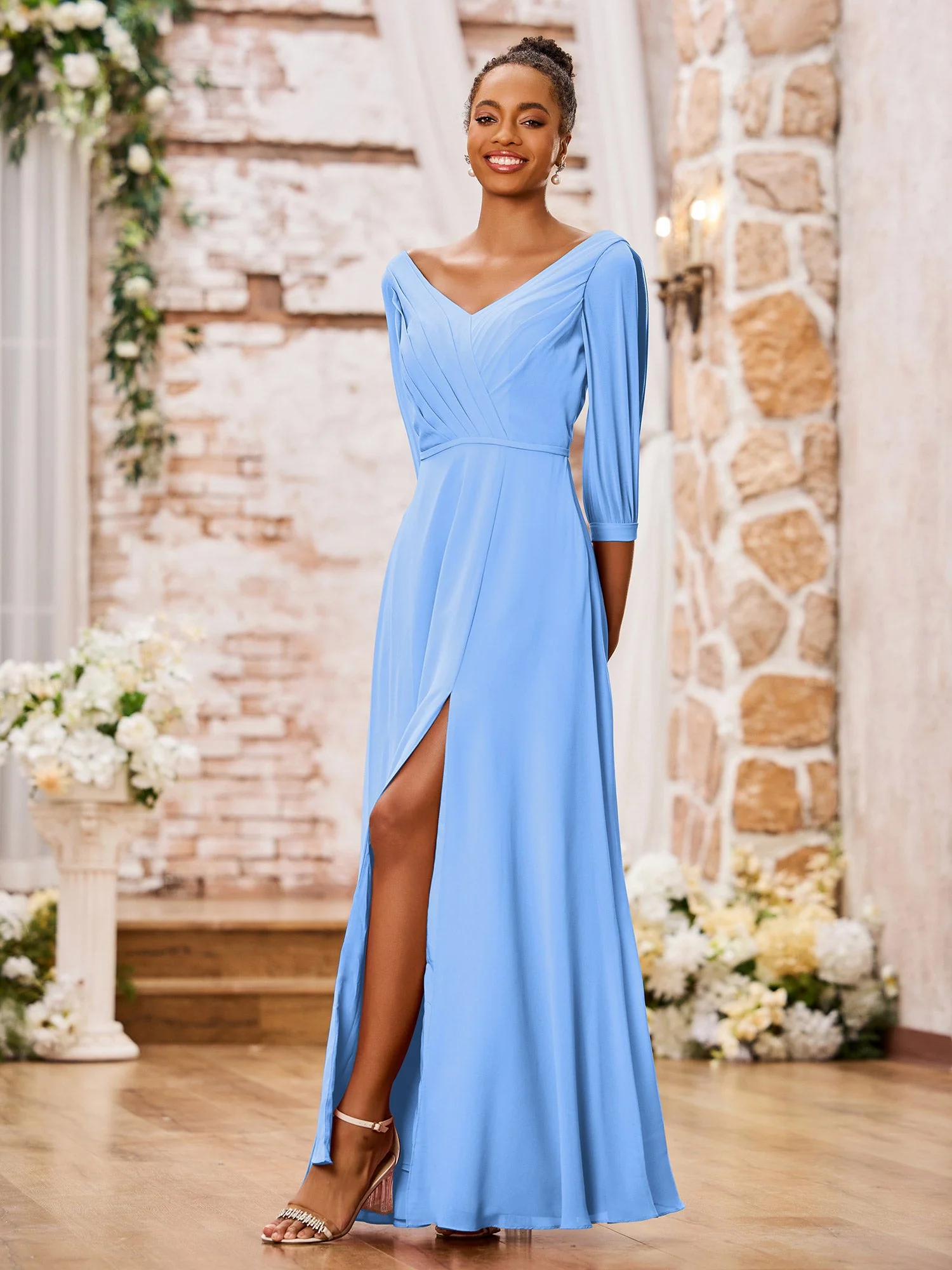 V-neck Chiffon Dresses with Slit and Half Sleeves Blue - Image 3