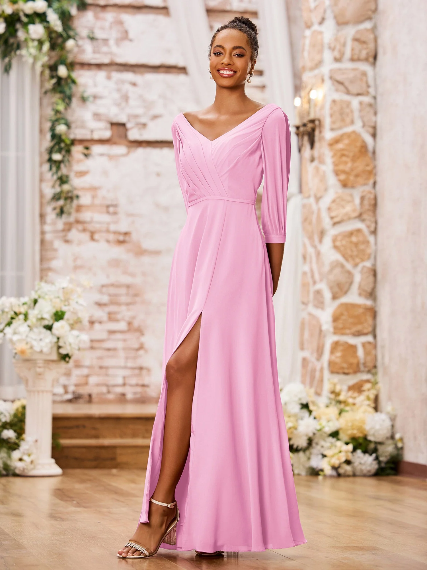 V-neck Chiffon Dresses with Slit and Half Sleeves Candy Pink - Image 3