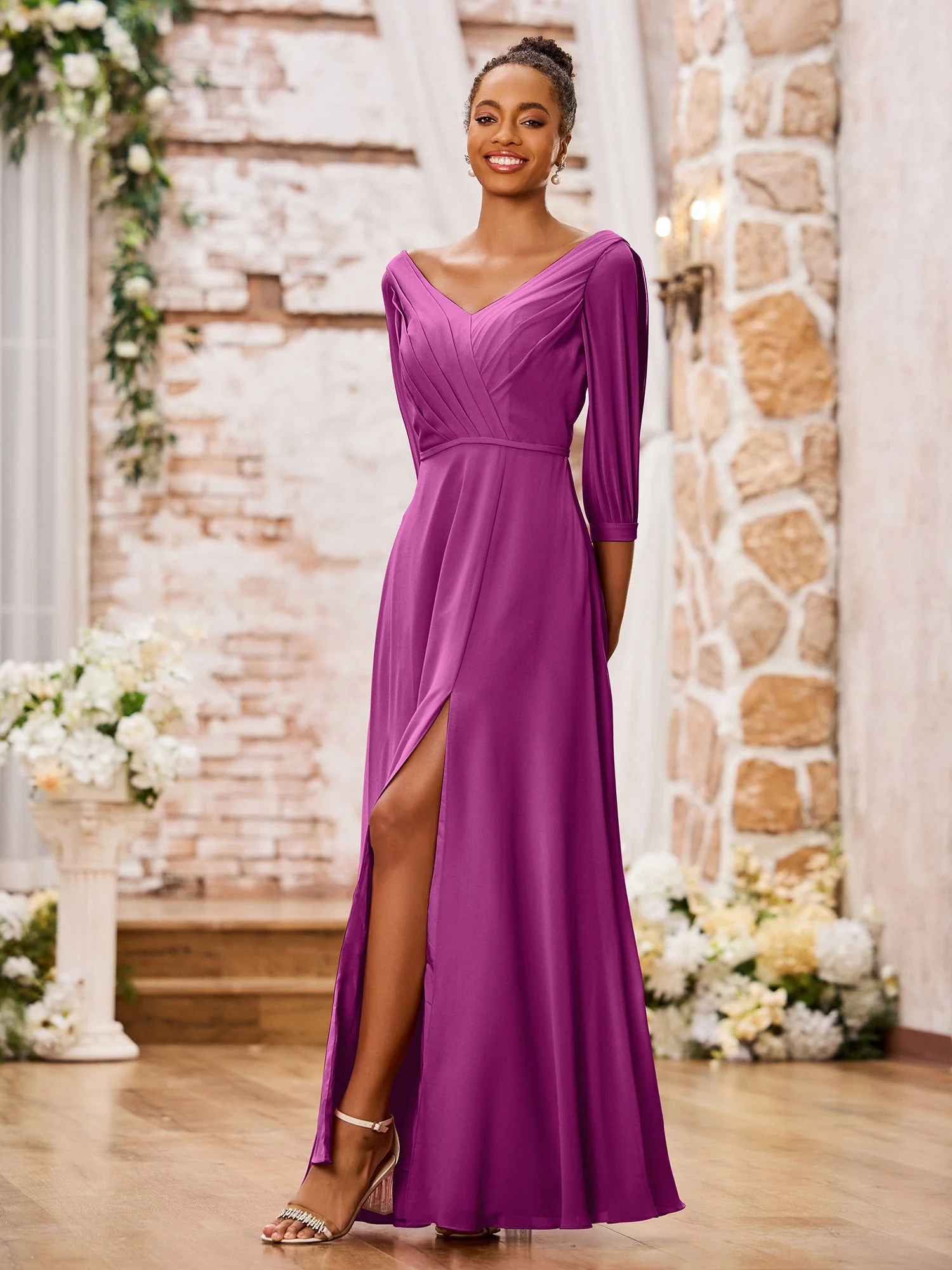 V-neck Chiffon Dresses with Slit and Half Sleeves Orchid - Image 3