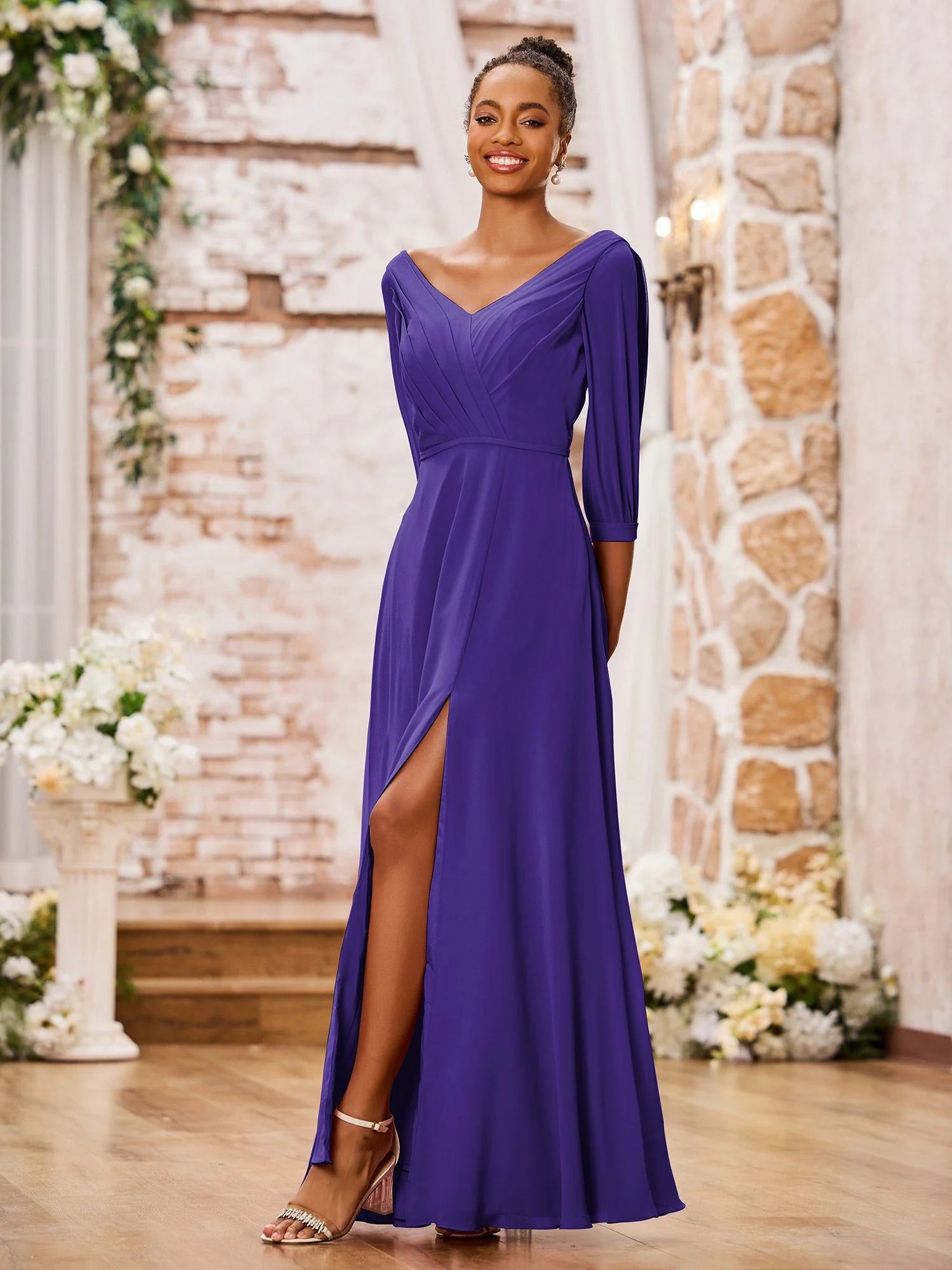 V-neck Chiffon Dresses with Slit and Half Sleeves Regency - Image 3
