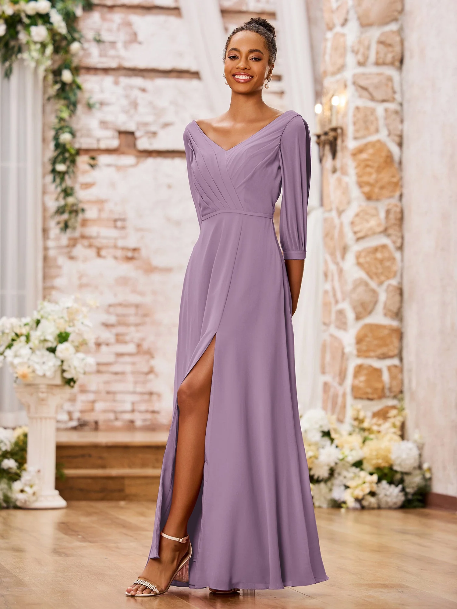 V-neck Chiffon Dresses with Slit and Half Sleeves Wisteria - Image 3